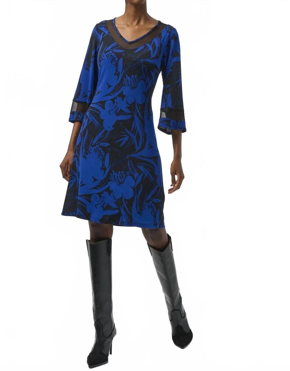 NEW JOSEPH RIBKOFF floral print v-neck 3/4 sleeve a-line dress in black/royal sa